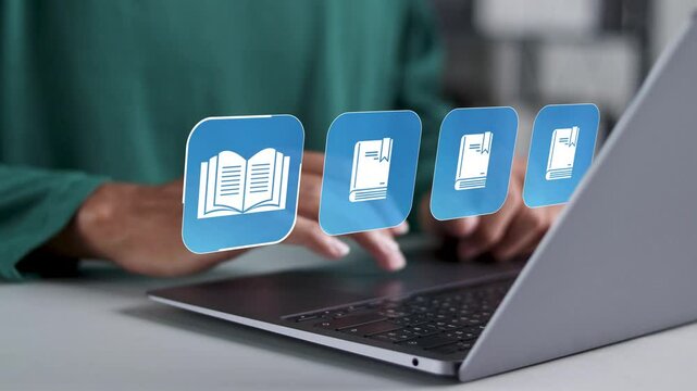 E-library concept. E-book, electronic books online, knowledge base on internet, digital library or e-library.