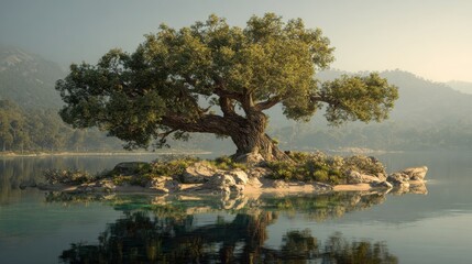 Fototapeta premium Majestic tree on a lake island (Earth Day / Nature concept)