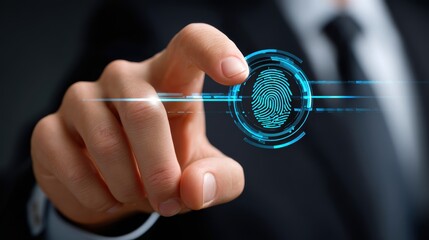 Business Professional Interacting with a Digital Fingerprint Biometric Security Interface