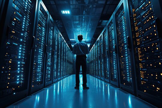 Technician in a Modern Data Center with Blue Lighting