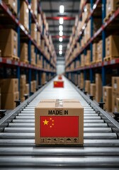 Cardboard box with the China flag on a conveyor belt in a warehouse