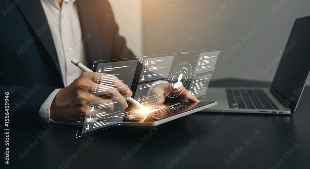 Poster Man using a tablet with a stylus and a holographic interface next to a laptop on a dark surface