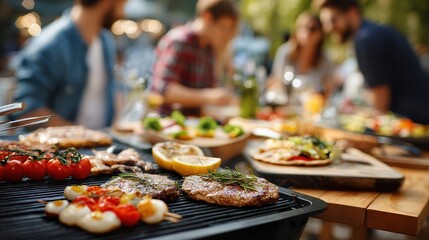 Delicious Barbecue Grill with Varied Meats and Fresh Vegetables at a Summer Outdoor Gathering