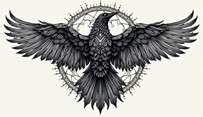 Fototapeta premium Detailed grayscale illustration features a majestic raven with outstretched wings and ornate circle.