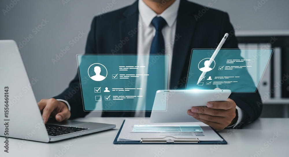 Poster businessman using laptop and tablet with digital profile interface on a bright desk space