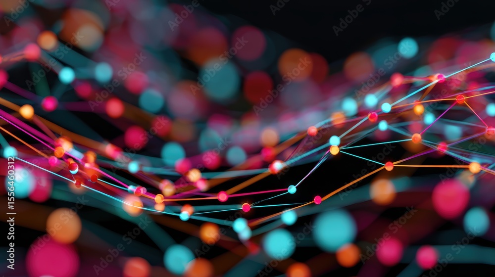 Wall mural abstract colorful network of glowing dots and lines on dark background representing digital connecti