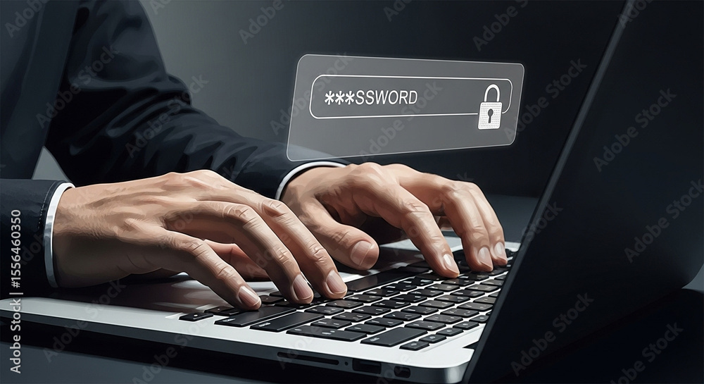 Poster person typing password on laptop with padlock icon security concept for data protection online