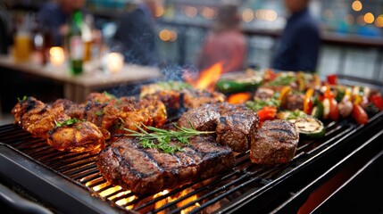 Grilled Meat and Vegetables Over Flames at an Outdoor Barbecue Gathering with Friends at Dusk