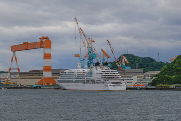 Modern ultra luxury cruise ship cruiseship liner Ocean Fuji in dry dock maintenance modernization...