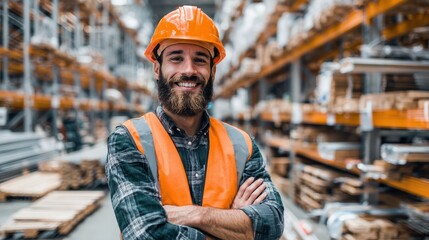 cheerful construction worker with a striking beard wears an orange hard hat and vest while surrounded by organized shelving and construction materials in a warehouse