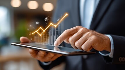 Professional Businessman Analyzing Financial Data Trends on Tablet in Modern Office Environment
