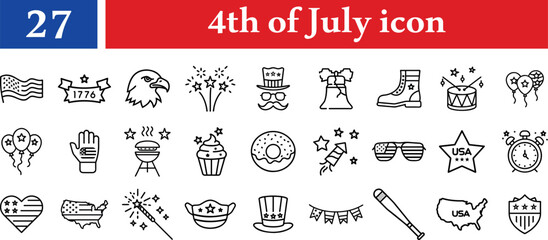 Vector art of a set of 27 4th of July icons, perfect for celebrating independence day, features various patriotic symbols and elements isolated on transparent background