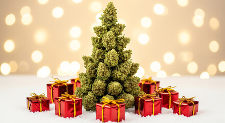 Cannabis christmas tree surrounded by festive red gifts in snowy setting