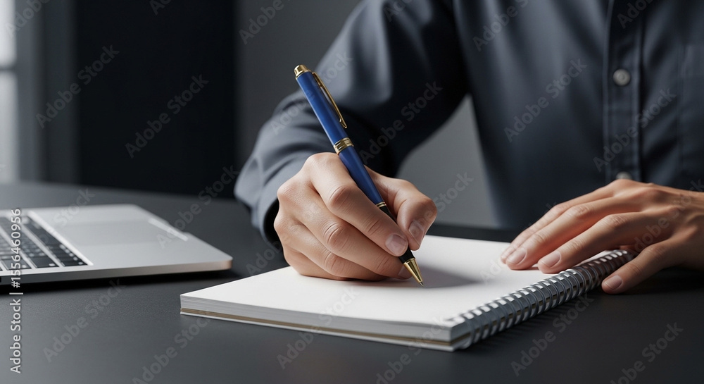 Poster a person writing on a notepad with a blue pen next to a laptop on a dark colored desk surface