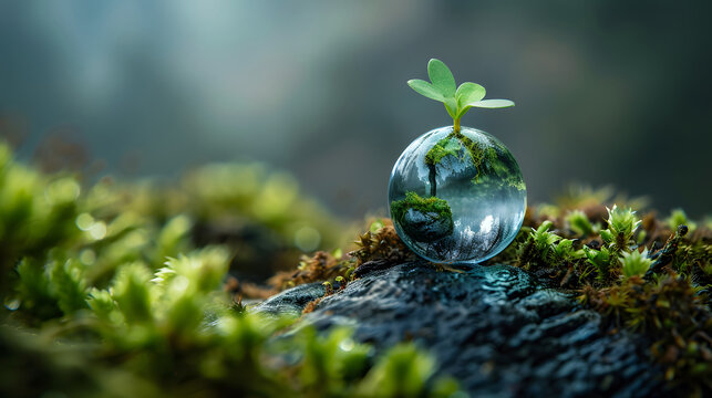 Tiny sprout in glass sphere on mossy rock seedling
