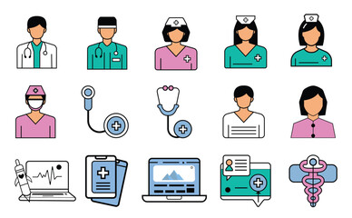Medical and healthcare vector icon set. Flat illustrations of doctor, nurse, stethoscope, syringe, microscope, and telemedicine devices for hospital concept.