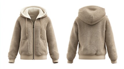 Warm fleece-lined coat in earth tone, shown front and back, clear white background, centered for mockups