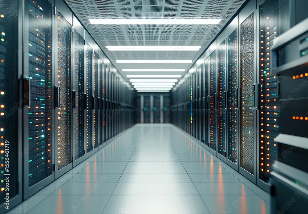 Poster bright high-tech server room with illuminated data racks, orange and green indicators, and sleek ref