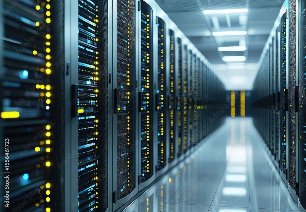 Poster data server corridor with illuminated yellow and blue lights on reflective surfaces, ideal for cloud