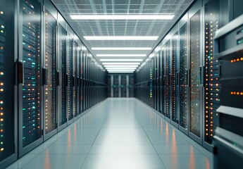 Bright high-tech server room with illuminated data racks, orange and green indicators, and sleek reflective flooring, ideal for cloud systems, networking, or IT operations visuals