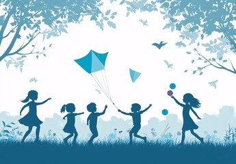 Silhouette of joyful children flying kites, playing with balloons and balls in a scenic park with trees and leaves blowing in the wind.