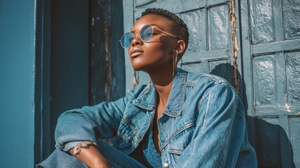 Woman in denim-on-denim outfit posing against a textured backdrop, modern editorial look