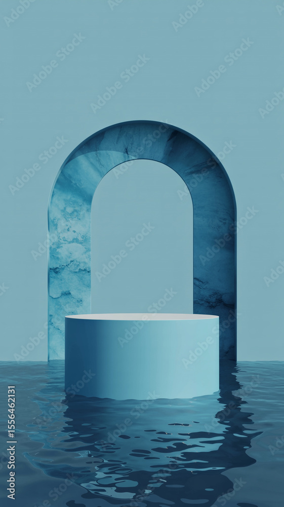 Fototapete minimalist 3d rendering of a blue podium on a water surface with an arch backdrop.