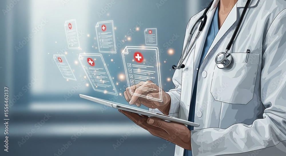 Aufkleber doctor using tablet displaying medical records and stethoscope around neck in a healthcare setting