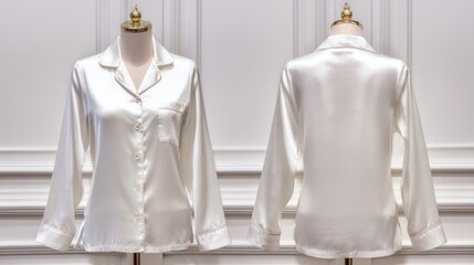 Women's button-up pajama set, front and back views, displayed on dress form, white background, elegant design, soft lighting