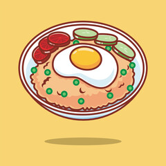 Cute cartoon of Nasi Goreng, Indonesian fried rice, with a fried egg, tomato slices, and cucumber slices on a plate.