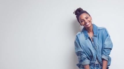 Woman modeling a denim-on-denim outfit-jeans and jacket-smiling confidently, high-key white studio setting