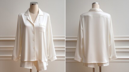 Women's button-up pajama set, front and back views, displayed on dress form, white background, elegant design, soft lighting