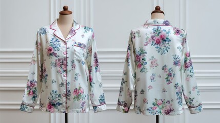 Women's button-up pajama set, front and back views, displayed on dress form, white background, elegant design, soft lighting