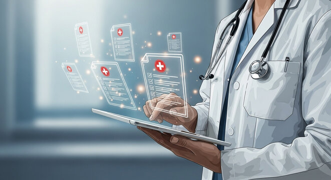 Doctor using tablet displaying medical records and stethoscope around neck in a healthcare setting