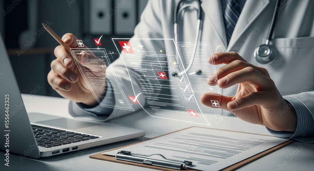 Poster doctor interacting with digital medical interface using a stylus in a modern office space