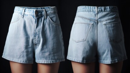 Womenâ€™s high-waisted denim shorts, front and back angles, light blue wash, minimal shadows, product display style