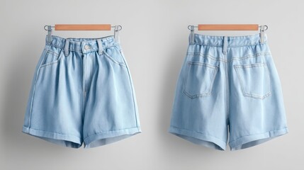 Womenâ€™s high-waisted denim shorts, front and back angles, light blue wash, minimal shadows, product display style