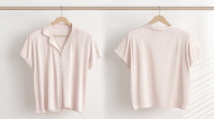 Women's short-sleeve pajama set, front and back views, hanging on minimalist rack, white background, modern aesthetic