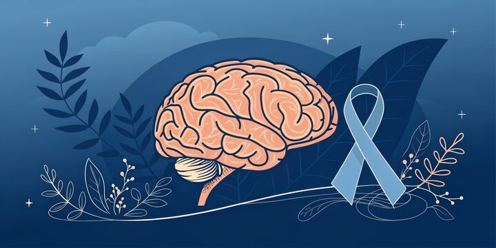 Brain Cancer Awareness Illustration with Teal Ribbon and Floral Design, brain tumor, cancer awareness Brain Cancer, Teal Ribbon
