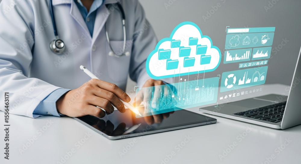 Poster doctor using tablet with cloud data interface and laptop for medical information management system