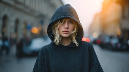 Young woman wearing oversized hoodie, walking through city streets