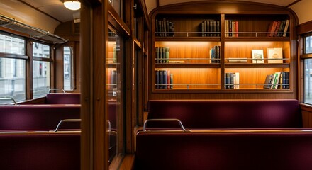 Luxurious Train Interior: Bookshelves Velvet Seats and Warm Lighting.