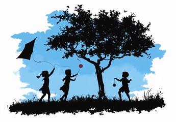 Silhouette of joyful children flying kites, playing with balloons and balls in a scenic park with trees and leaves blowing in the wind.