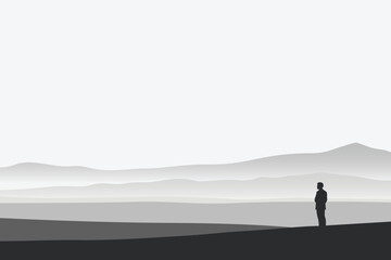 Obraz premium Silhouette of a man contemplating a serene grayscale landscape, minimalist design, peaceful mood, conveying contemplation and introspection.