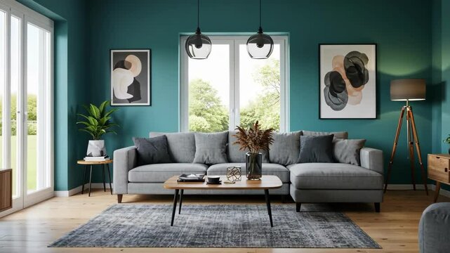 Living room interior design with gray sofa and teal walls