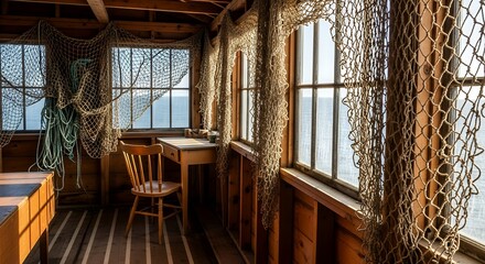 Wooden Cabin Interior Fishing Nets Drape Windows Coastal Charm.