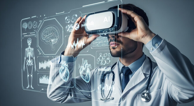Doctor using virtual reality headset examining medical data on a transparent interface display screen