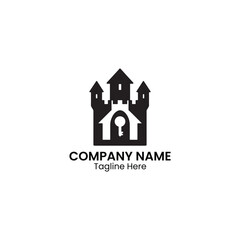 Fototapeta premium Black castle silhouette with keyhole and key inside for company logo design on white background