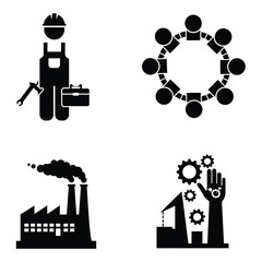A collection of industrial icons depicting construction teamwork manufacturing and engineering processes in bold black and white designs