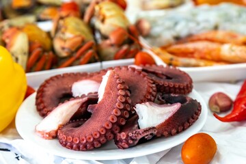 Traditional seafood paella ingredients with a variety of selected seafood. Refined and gourmet cuisine